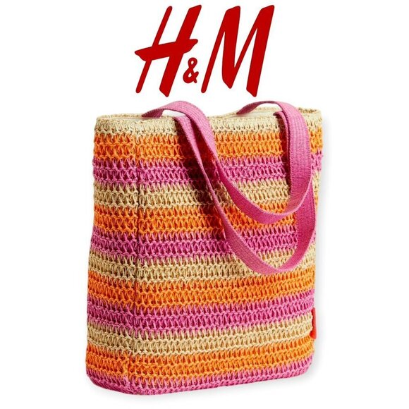 H&M Handbags - H&M Straw Crochet Oversized Beach Bag Pink Orange Tote NWT Summer Vacation